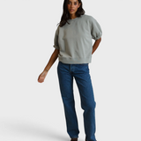 JONES + CO Rebecca French terry sweatshirt in griffin grey with three-quarter puff sleeves worn by a model