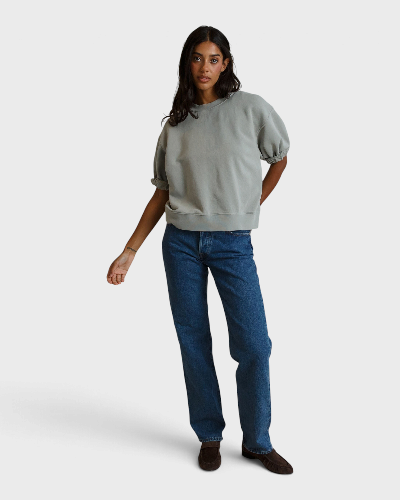 JONES + CO Rebecca French terry sweatshirt in griffin grey with three-quarter puff sleeves worn by a model