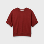 JONES + CO Rebecca French terry sweatshirt in ruby red with three-quarter puff sleeves and a crew neckline.