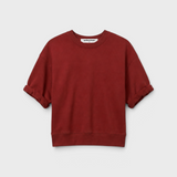 JONES + CO Rebecca French terry sweatshirt in ruby red with three-quarter puff sleeves and a crew neckline.