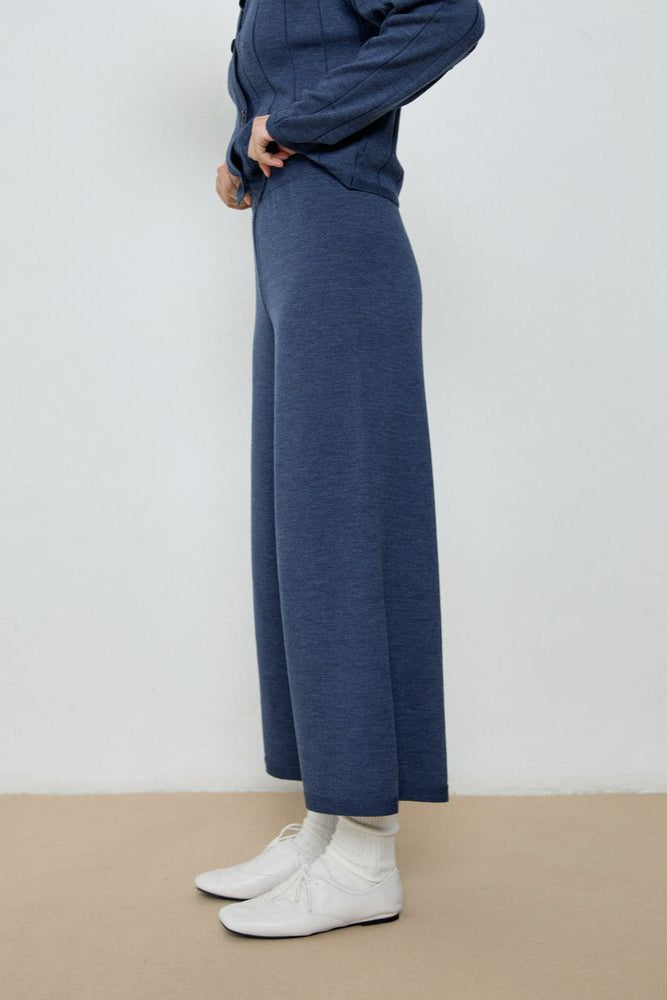 Person wearing a blue outfit with wide-leg pants on a plain background
