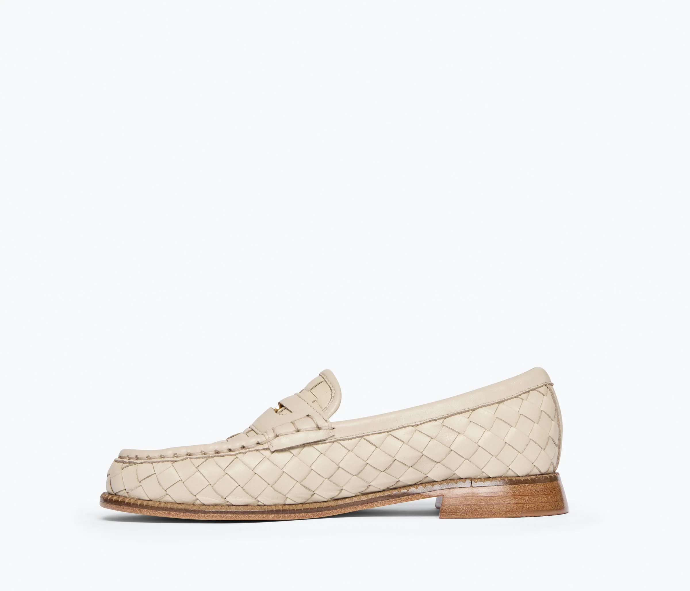 Elba Penny Loafer - Vanilla Woven Calf with Hardware side profile view