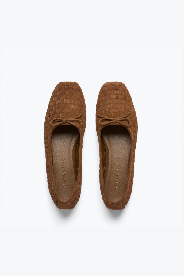 Jada Woven Suede Flats - Toffee flat lay view with shoes side by side
