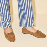 Jada Woven Suede Flats toffee on body of model 