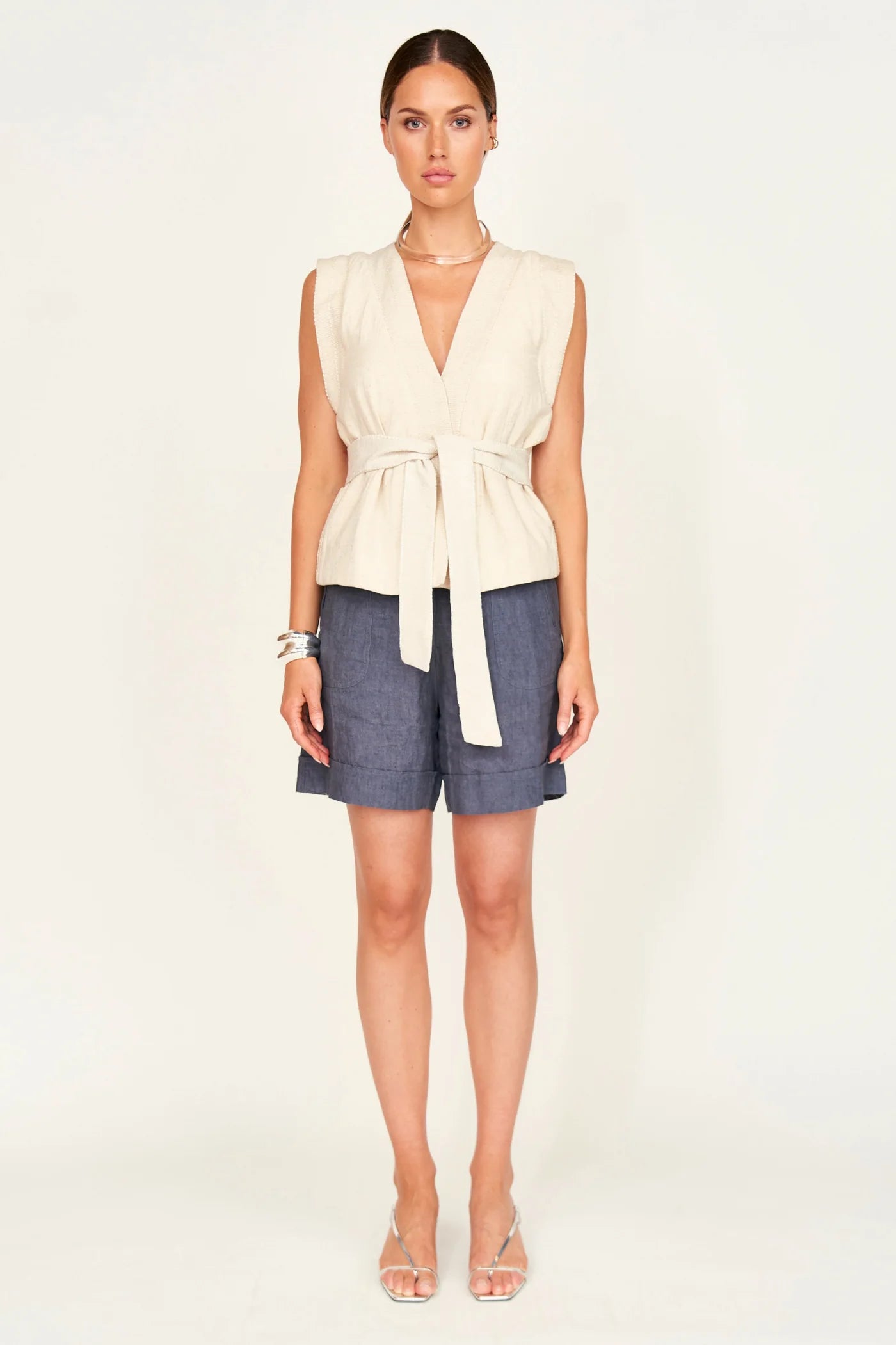 Rouen Vest - Oat Fossil belted and styled
