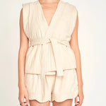 Rouen Vest - Oat Fossil belted on model