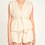 Rouen Vest - Oat Fossil belted on model