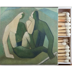 Matchbox with artistic depiction of two figures and a stack of matches.