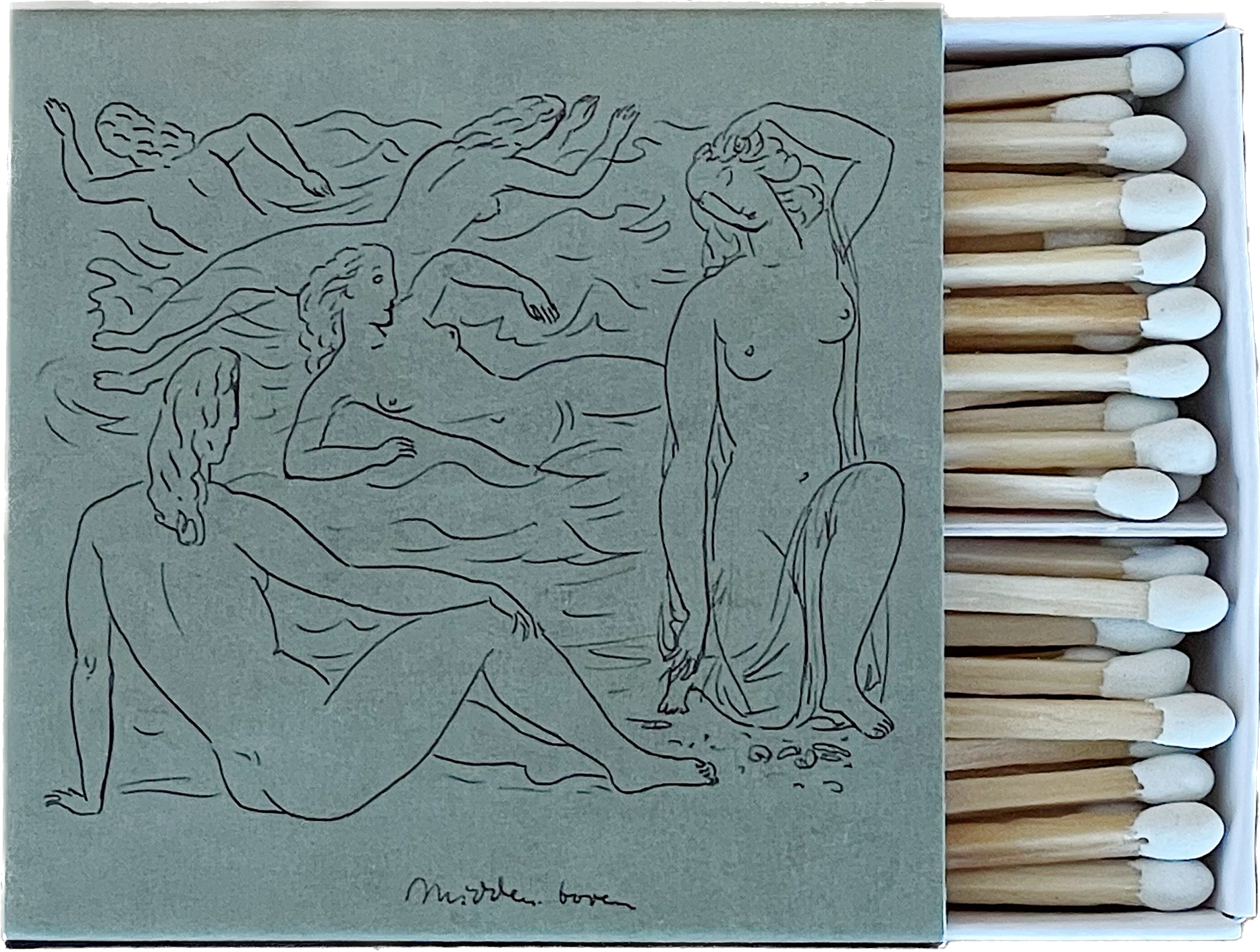 Matches with artistic design of nude figures on the lid