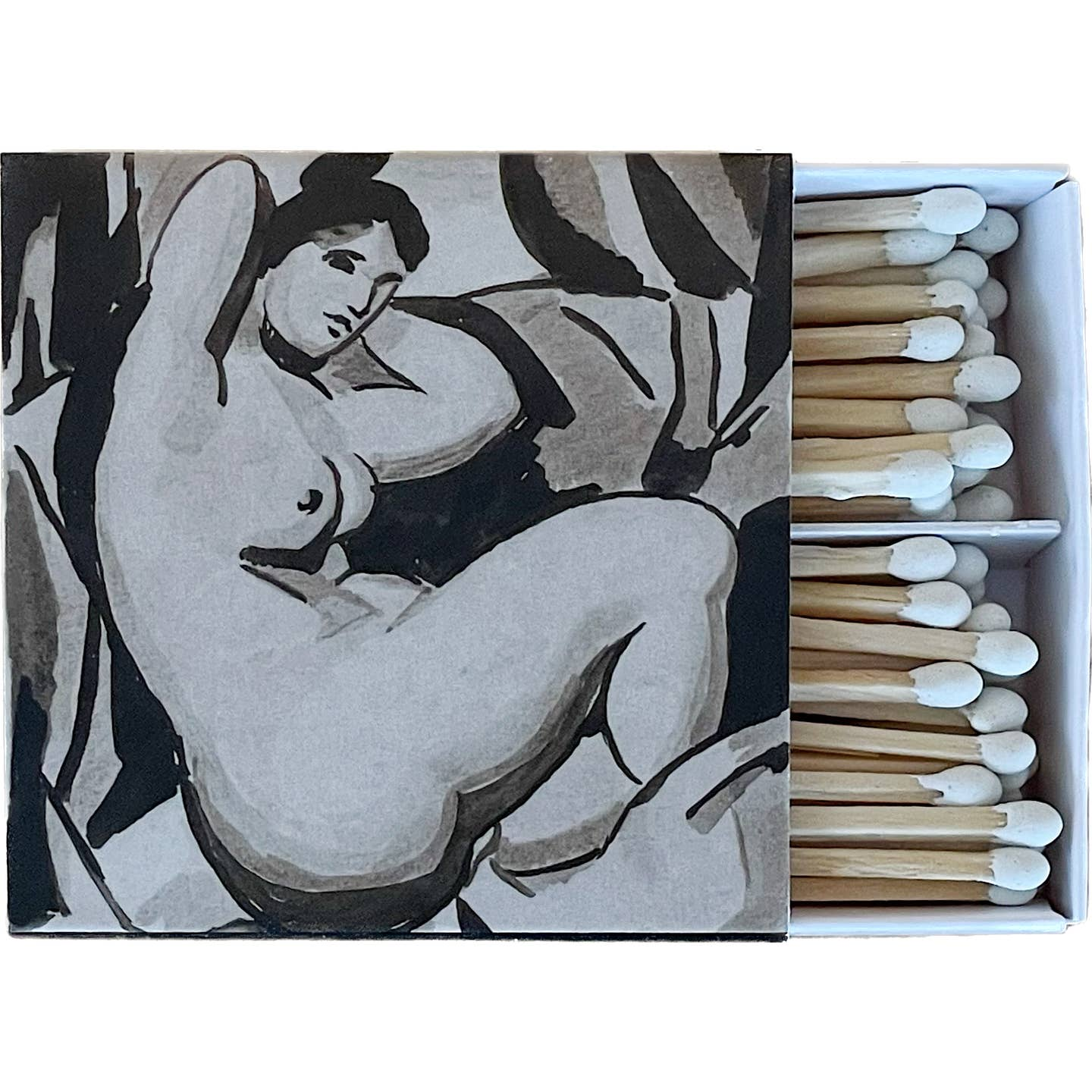 Matches with a black and white illustration of a nude figure on the cover