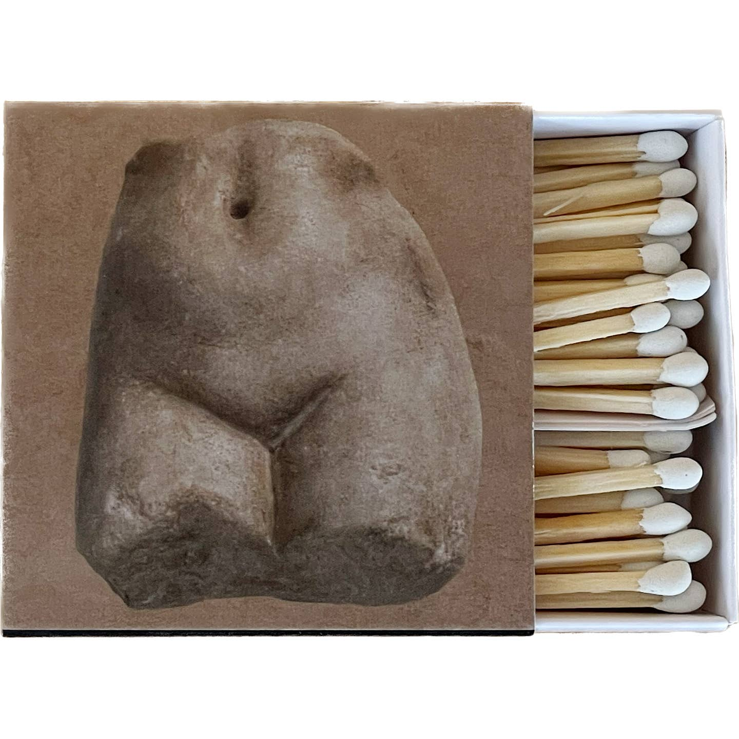Matchbox with a stone sculpture of a torso on one side and matches on the other