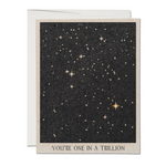 A greeting card with a starry night sky illustration and the text 'YOU'RE ONE IN A TRILLION' on the front.