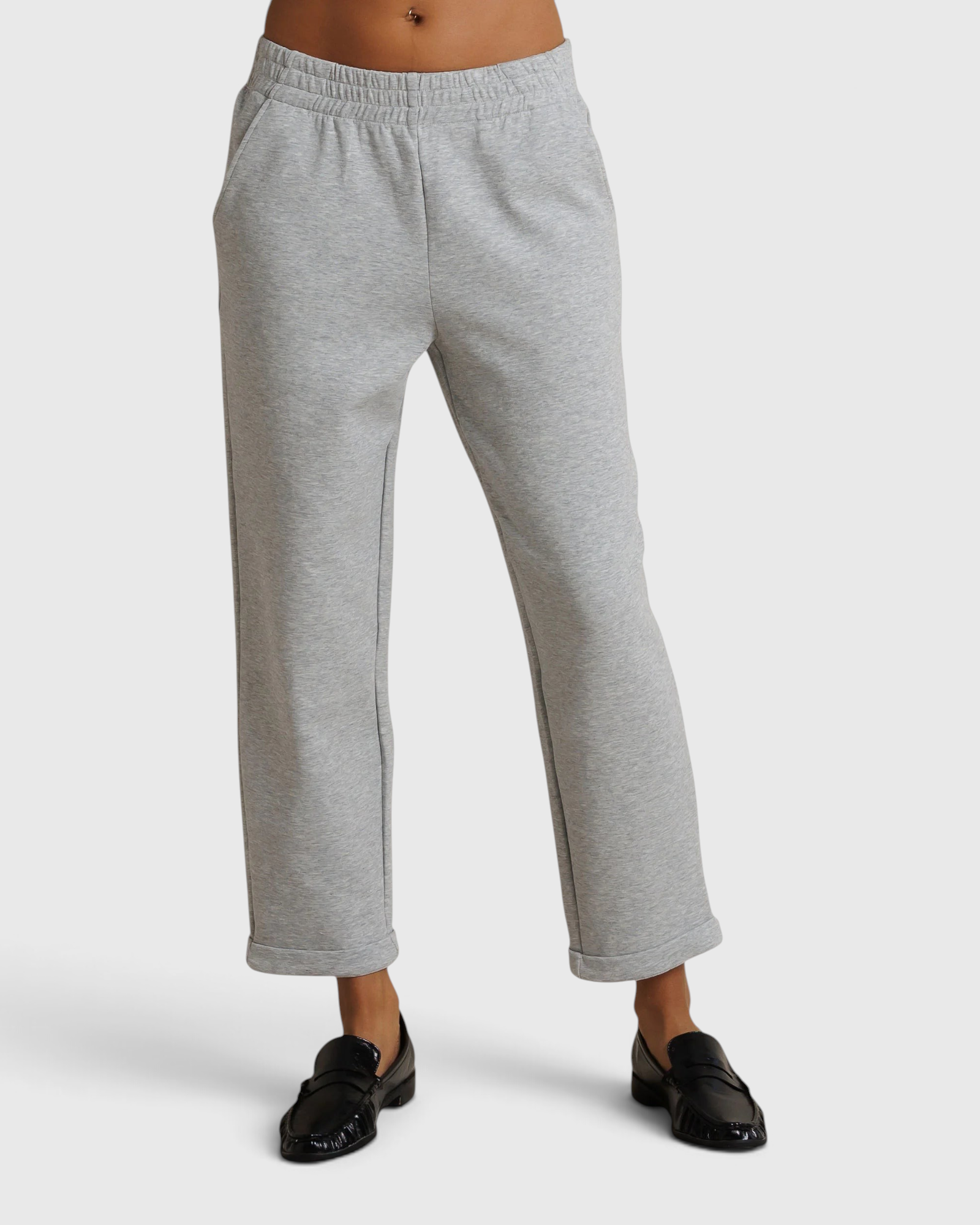 Perfect White Tee Sutton Pant in Heather Grey — front view, elastic waist and side pocket detail