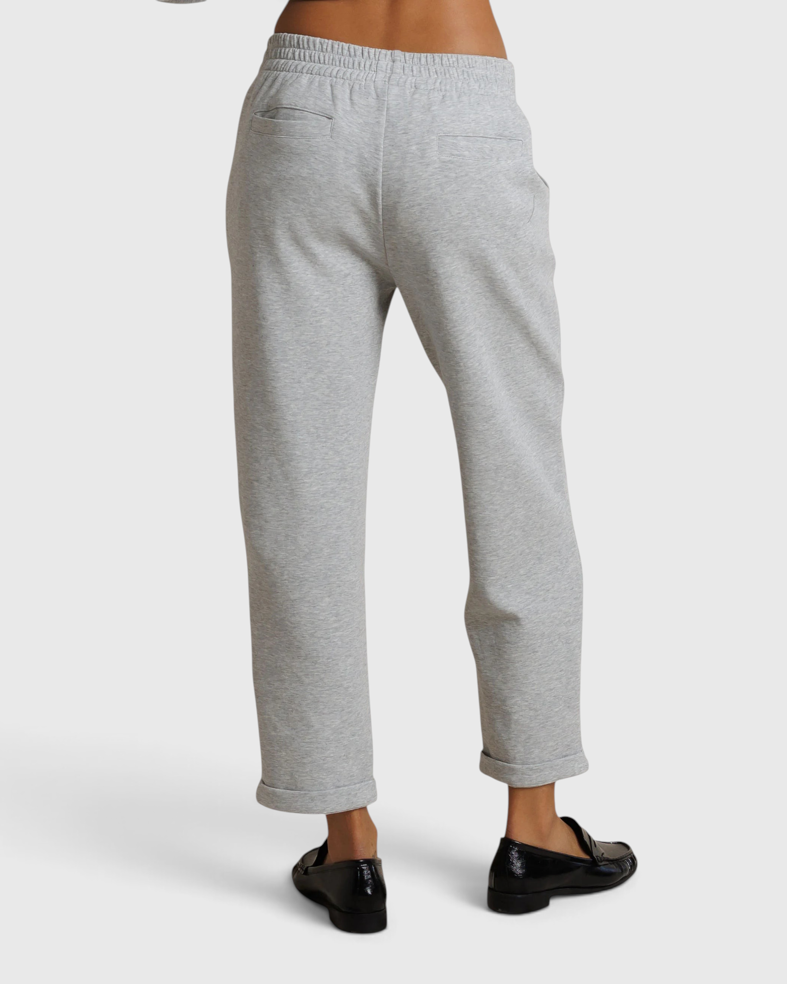 Perfect White Tee Sutton Pant in Heather Grey — back view, welt pocket detail