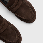 Fréda Salvador Sydney Ruched Penny Loafer in Espresso Suede, ruched detail close-up.