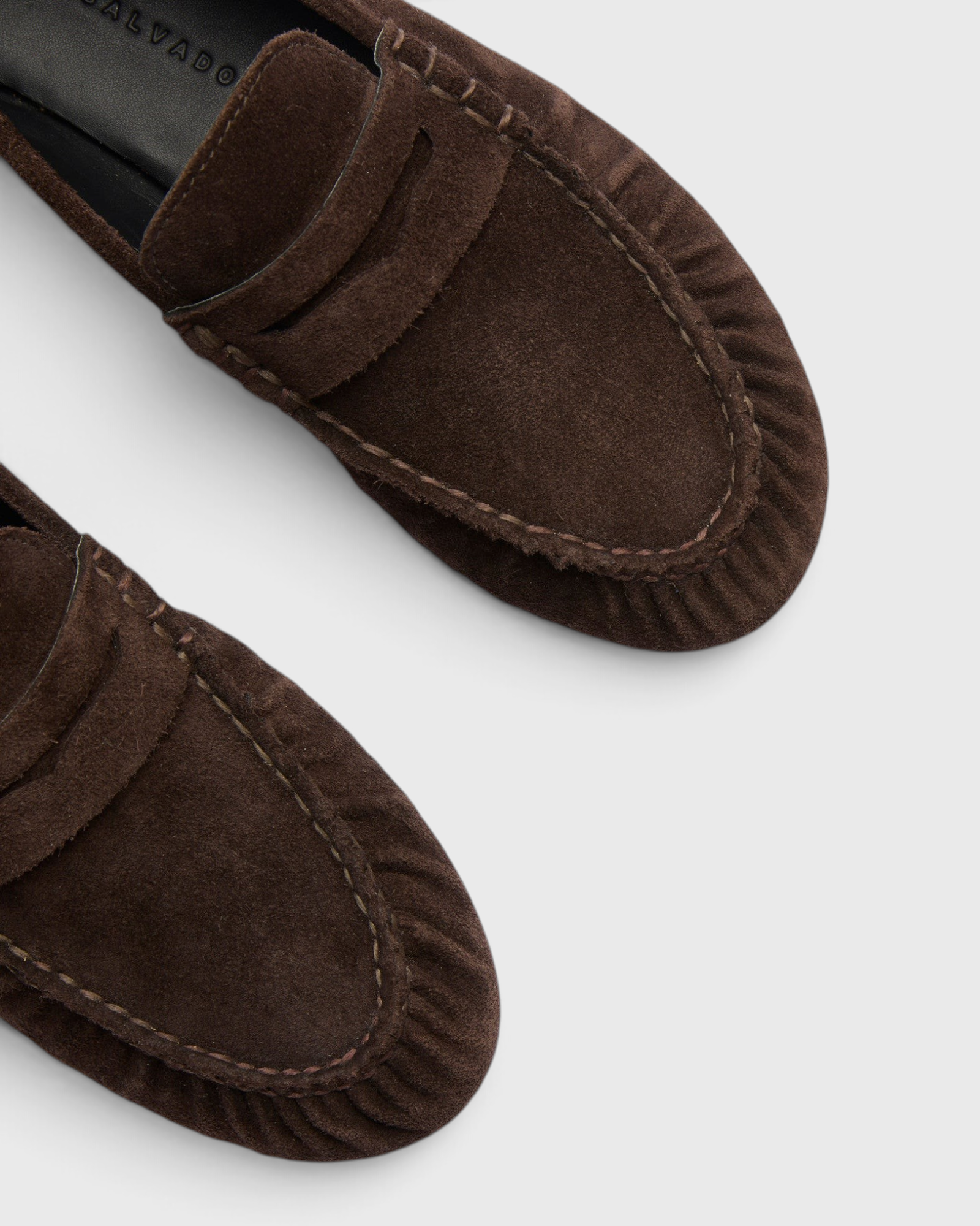 Fréda Salvador Sydney Ruched Penny Loafer in Espresso Suede, ruched detail close-up.