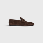 Fréda Salvador Sydney Ruched Penny Loafer in Espresso Suede, front view.