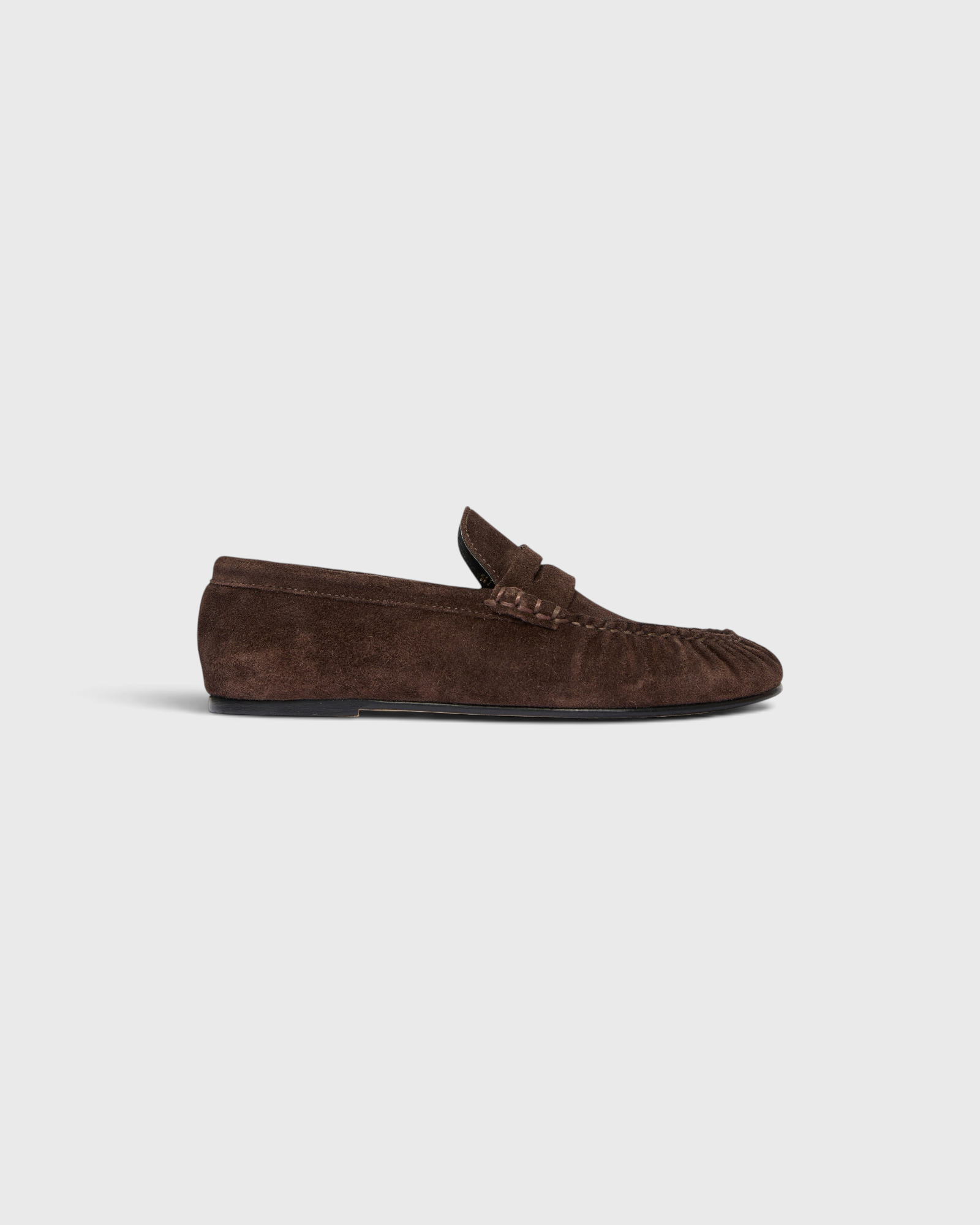 Fréda Salvador Sydney Ruched Penny Loafer in Espresso Suede, front view.