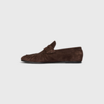 Fréda Salvador Sydney Ruched Penny Loafer in Espresso Suede, interior lining view.