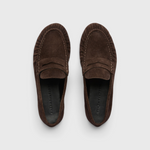 Fréda Salvador Sydney Ruched Penny Loafer in Espresso Suede, top-down view.