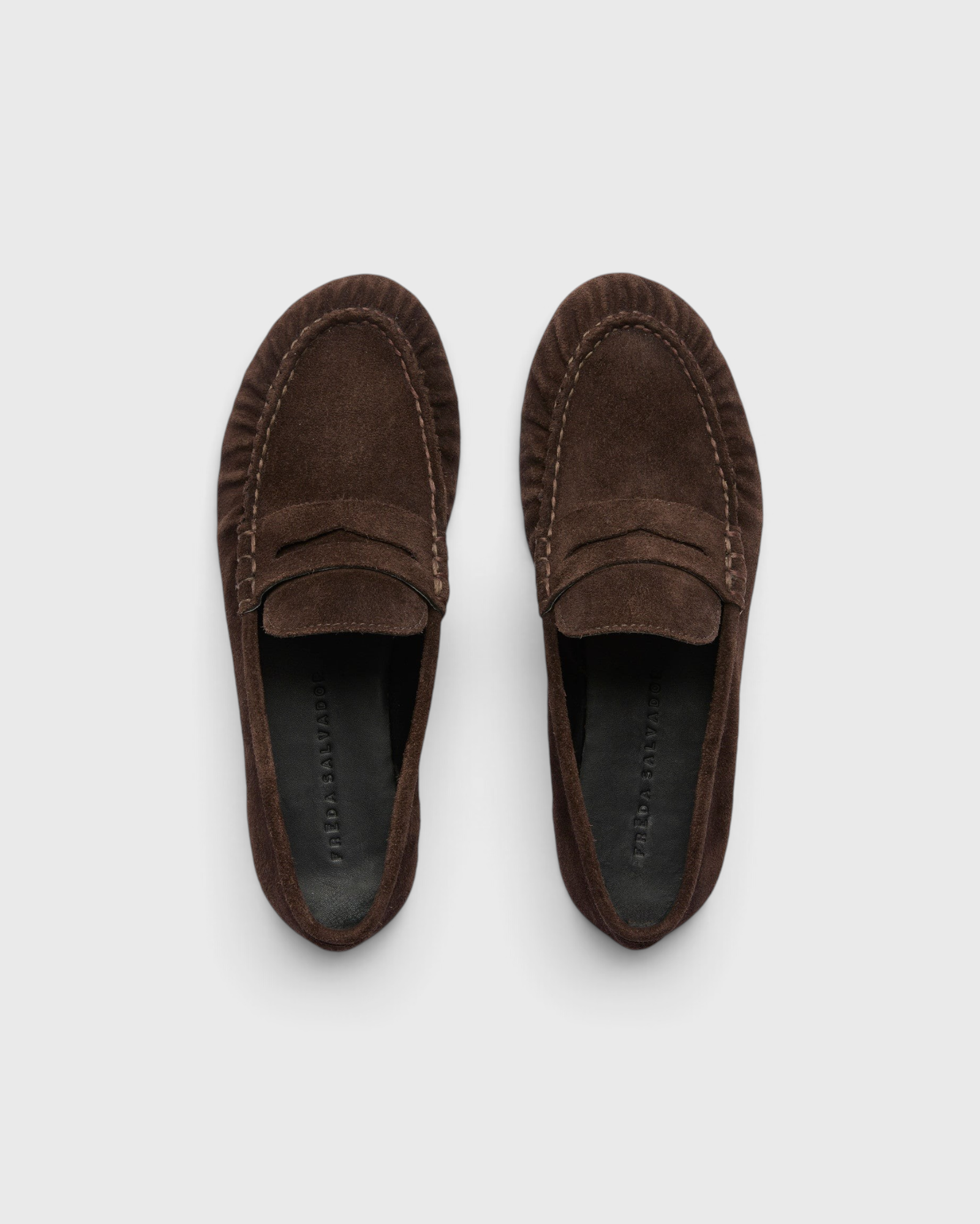 Fréda Salvador Sydney Ruched Penny Loafer in Espresso Suede, top-down view.