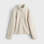 JONES + CO Tara sugar white sherpa button-front jacket with a high collar and long sleeves.