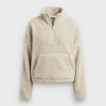 JONES + CO Tristan sherpa half-zip pullover in sugar cream with a front kangaroo pocket and high collar.