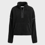 JONES + CO Tristan black sherpa half-zip pullover with a front kangaroo pocket and high collar.