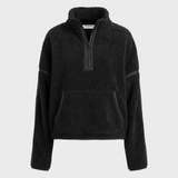 JONES + CO Tristan black sherpa half-zip pullover with a front kangaroo pocket and high collar.