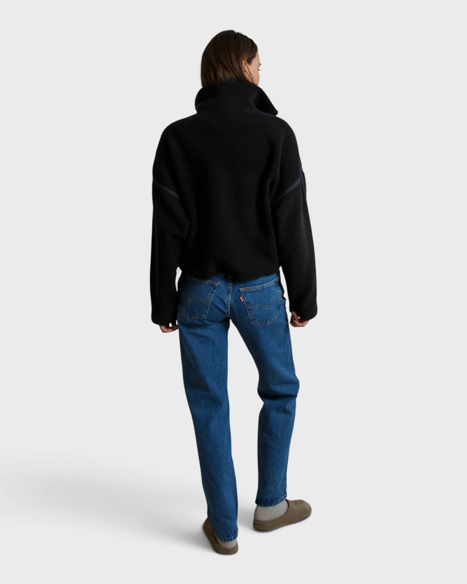 JONES + CO Tristan black sherpa half-zip pullover worn by a model from the back against a neutral backdrop