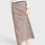 MIRTH Santander Silk Skirt in Shadowline Plaid — worn, close detail of the bias plaid