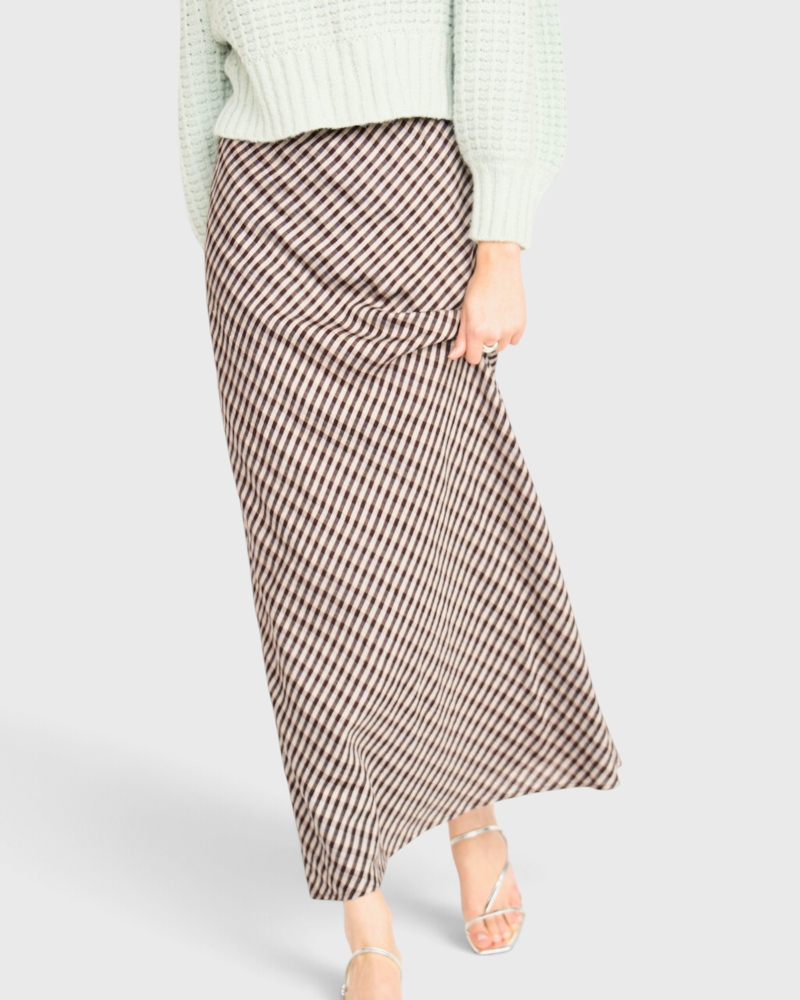 MIRTH Santander Silk Skirt in Shadowline Plaid — worn, close detail of the bias plaid