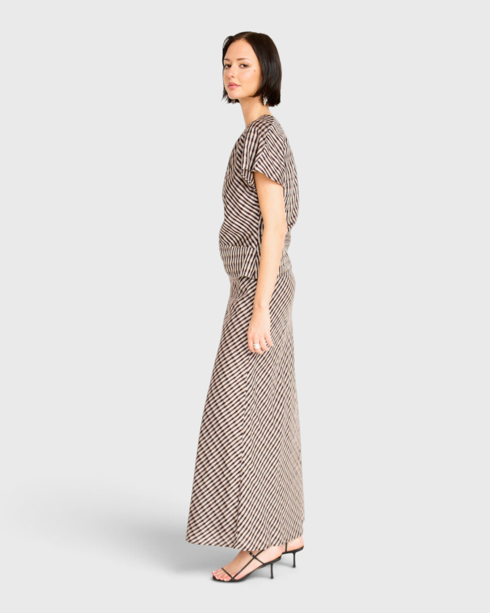 MIRTH Marais Silk Top in Shadowline Plaid — worn, side view
