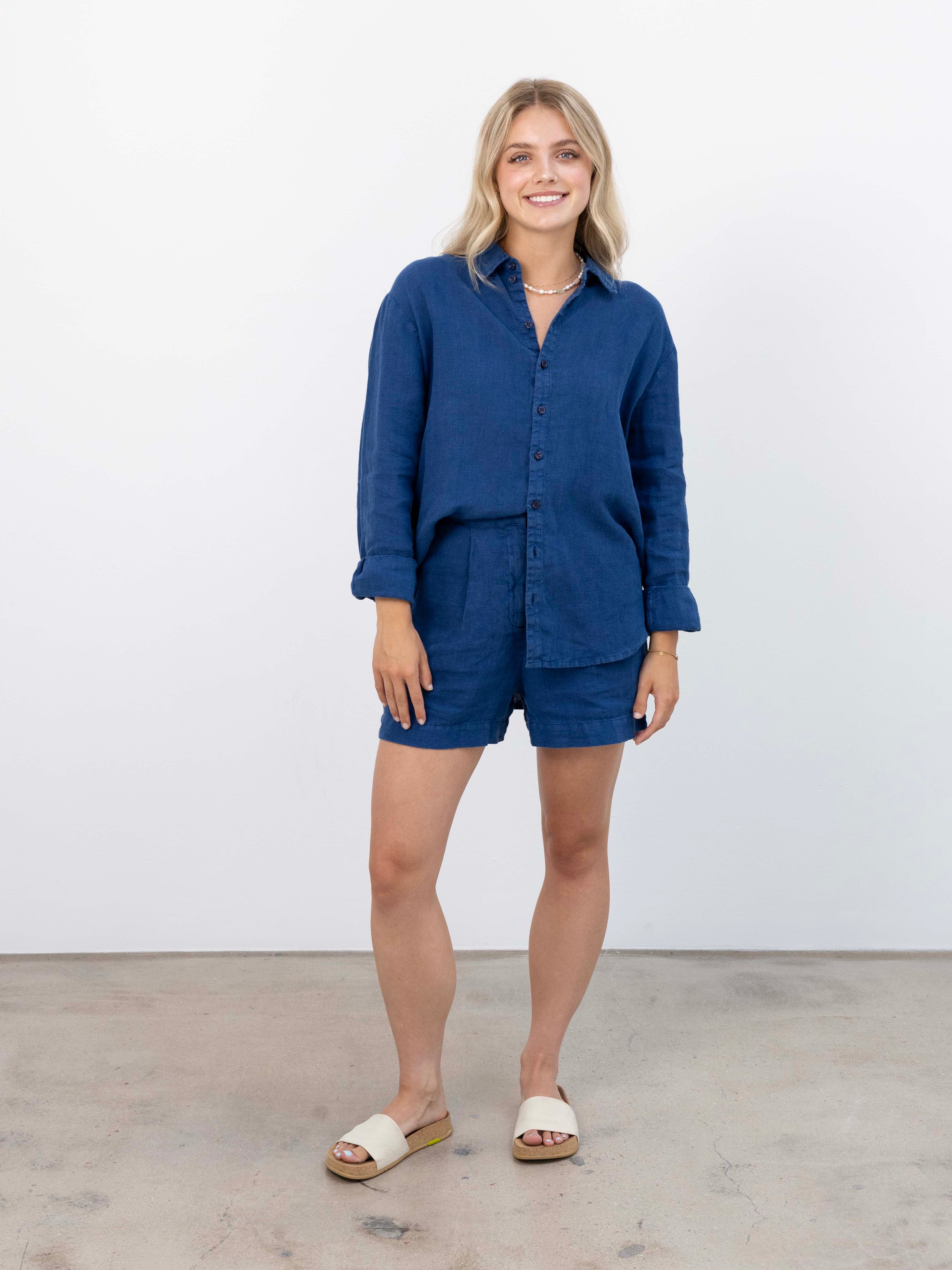 Cecile Oversized Linen Shirt - Navy on model