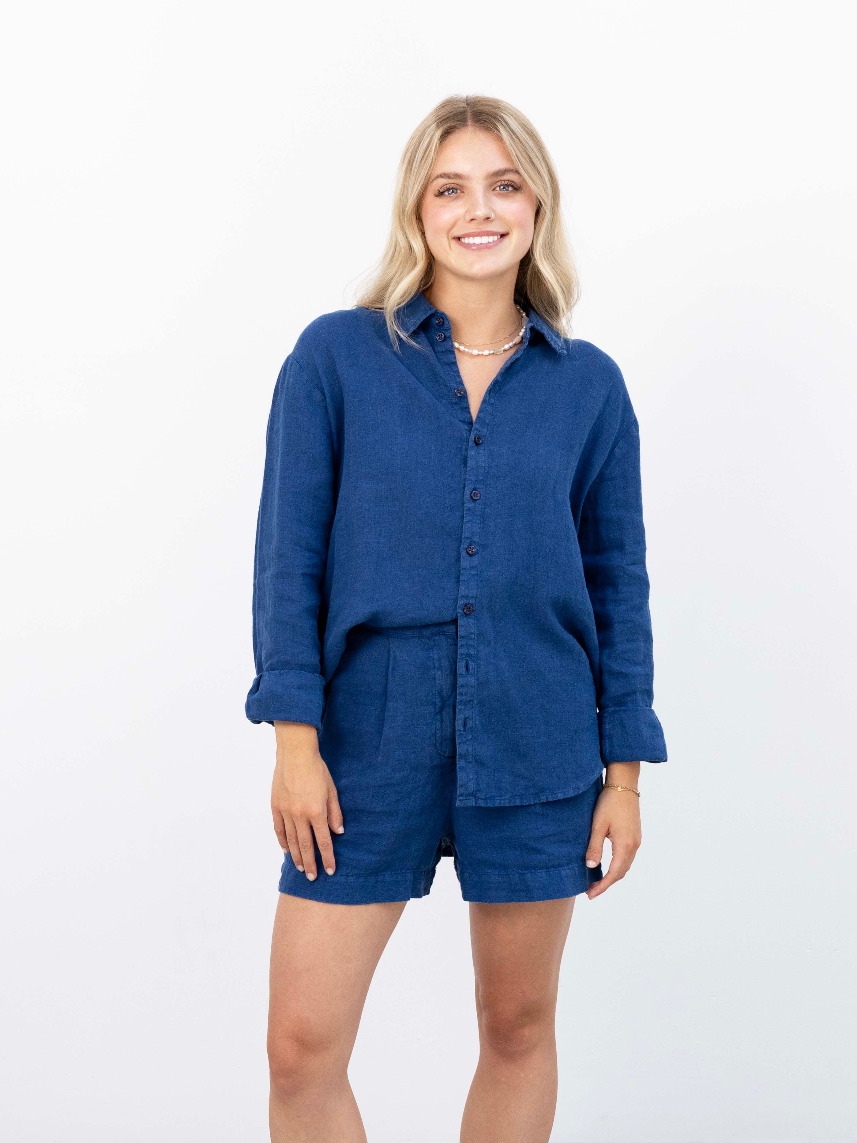 Cecile Oversized Linen Shirt - Navy straight on view