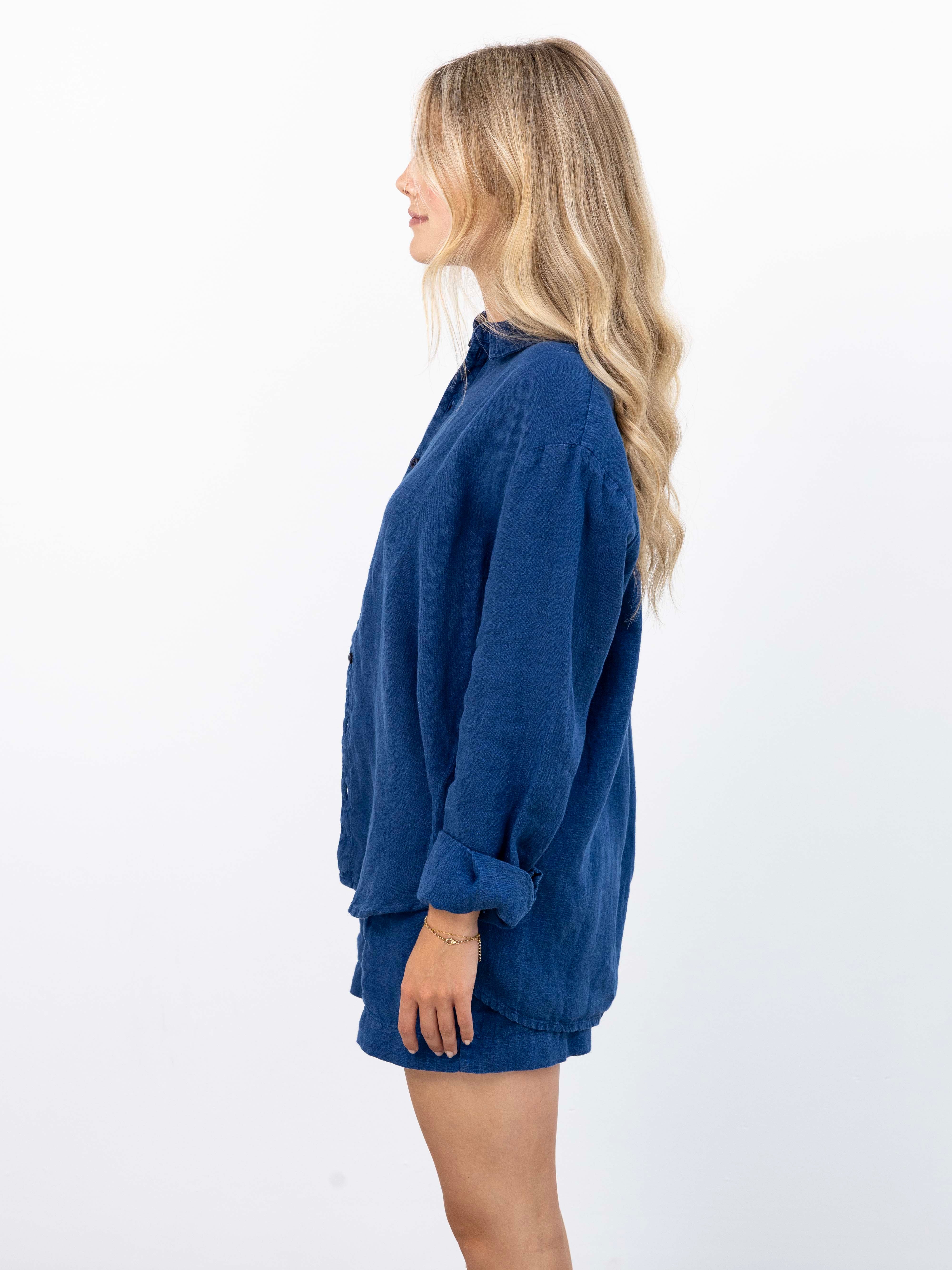 Cecile Oversized Linen Shirt - Navy view from side