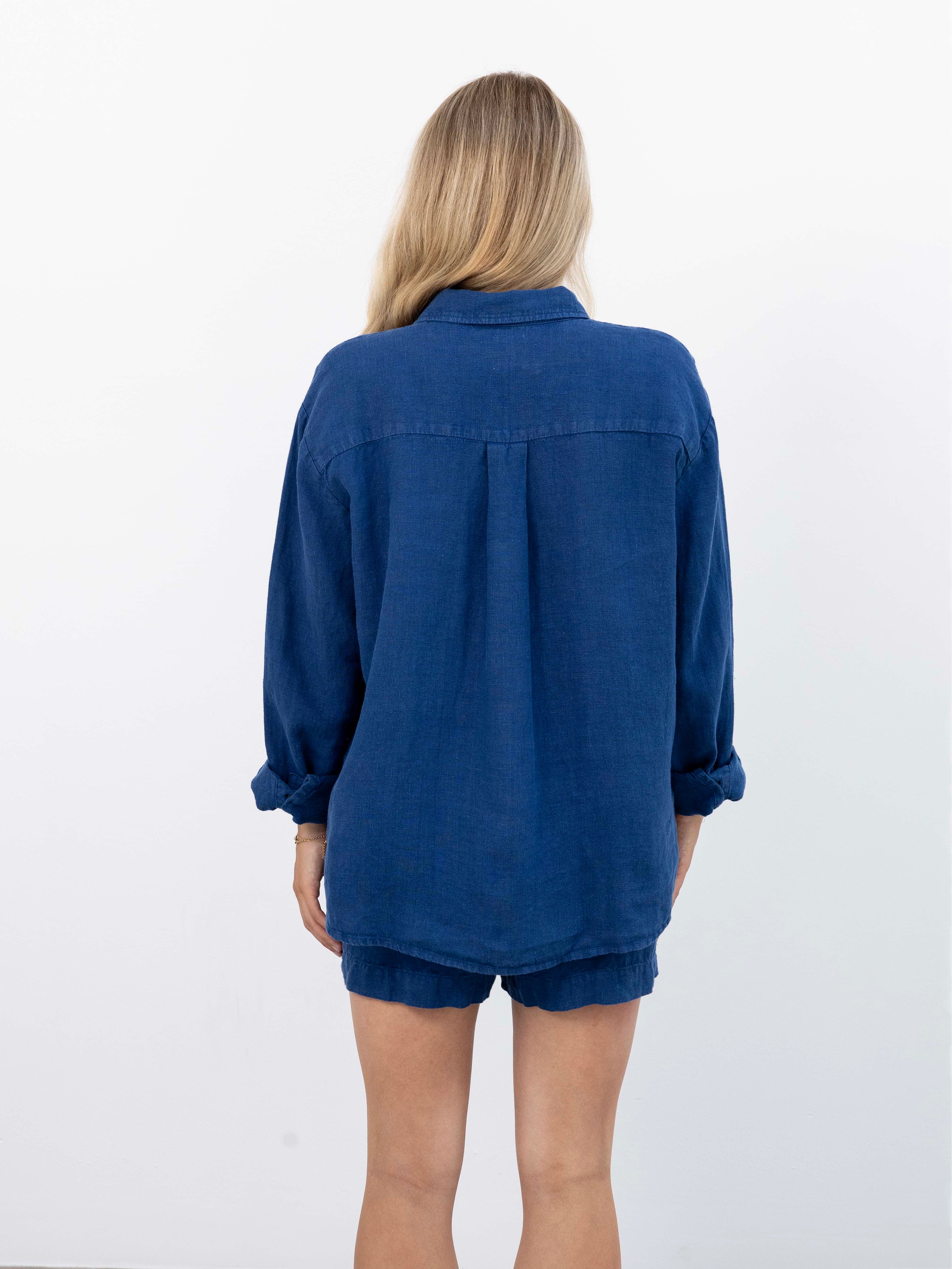 Cecile Oversized Linen Shirt - Navy view from back